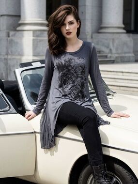 🌹Gorgeous NWOT XL Le Chateau/Gray Long Sleeve Black Rose Flowy Tunic Tunic